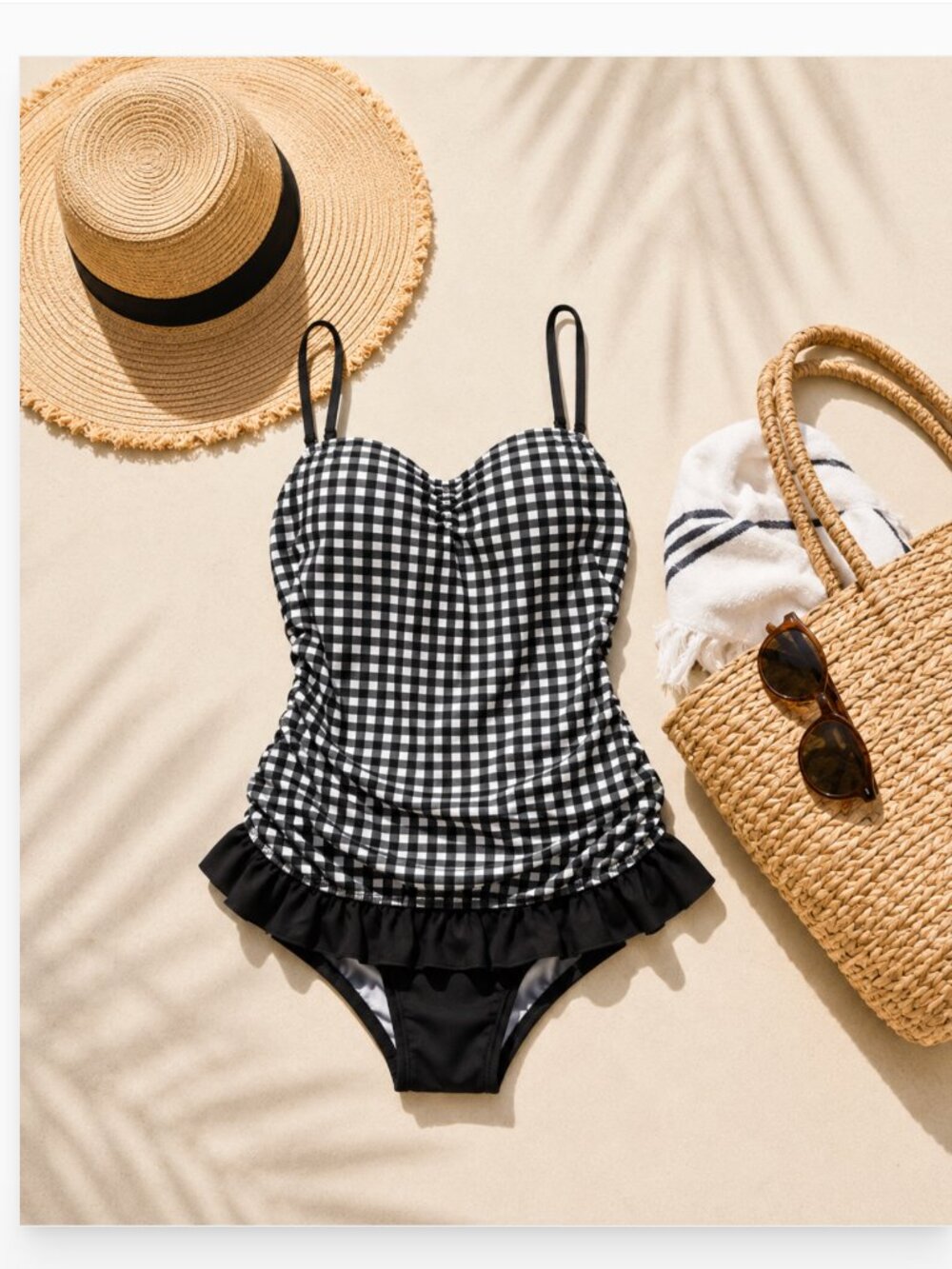 GOSSIP Black and White Checkered One Piece Skirted Halter Swimsuit size Large